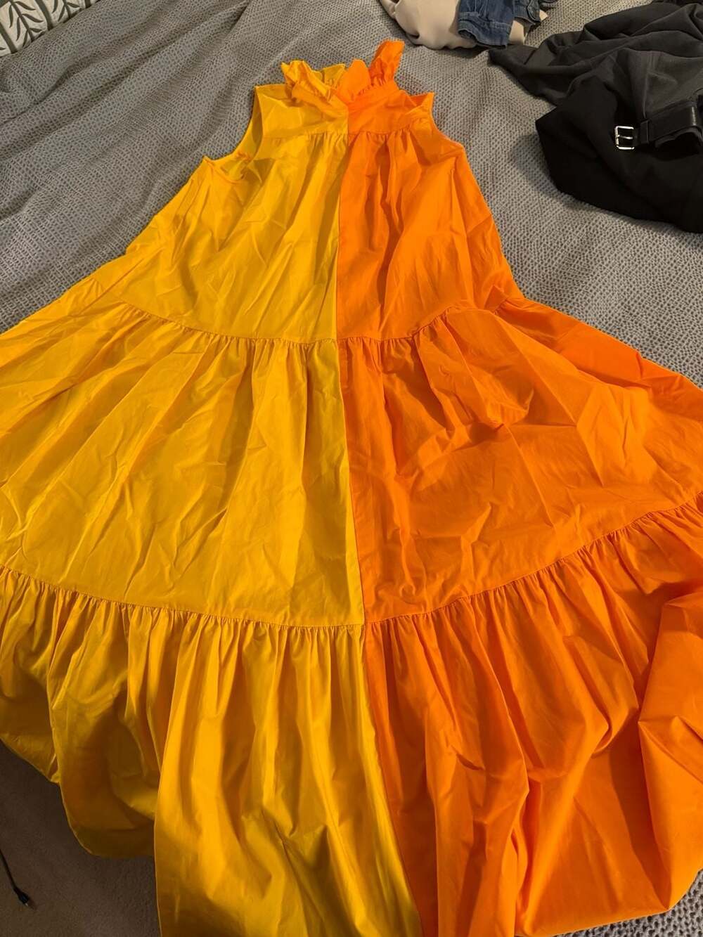 Christopher John Rogers Tiered Dress Size M Yellow Orange Colorblock Midi